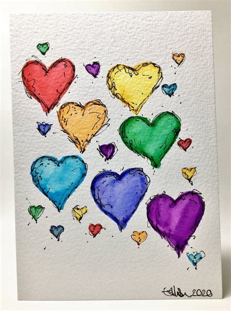 Original Hand Painted Greeting Card Abstract Rainbow Hearts Ink Detail Birthday Card