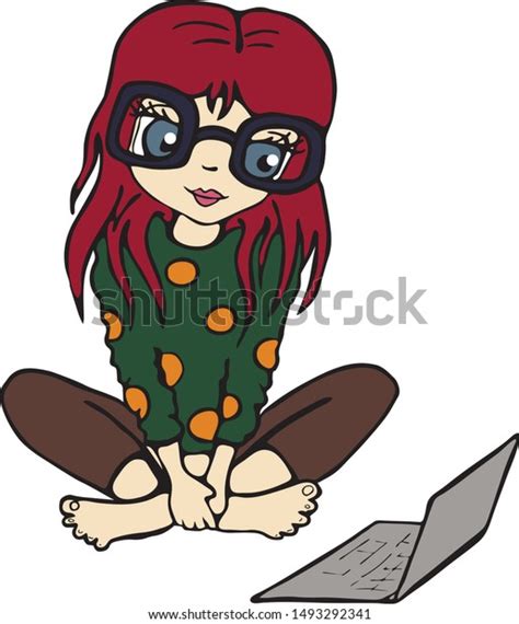 Vector Illustration Girl Sitting Computer Smart Stock Vector Royalty