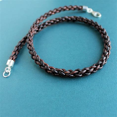 Mens Brown Leather Necklace Thick Braided Cord Sterling Silver