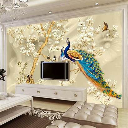 Living Painting Mural Peacock Flowers Walls Stereo