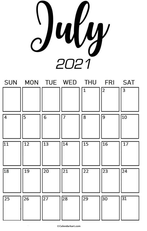 Free Printable July 2021 Calendar Cute And Elegant Designs