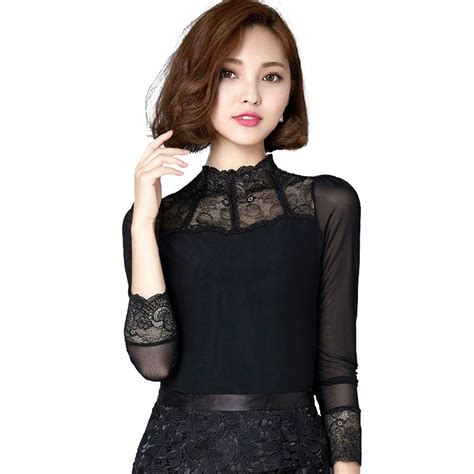 2016 Korean New Fashion Women Elegant Black Lace Blouse Sexy Patchwork