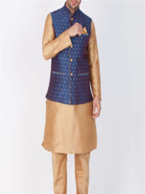 buy vastramay men gold toned and blue layered kurta with churidar kurta sets for men 14644548