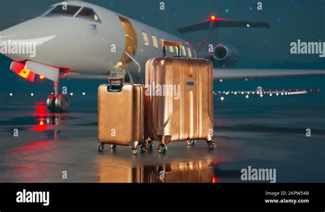 Golden Suitcases Standing On An Airstrip In Front Of A Private Jet