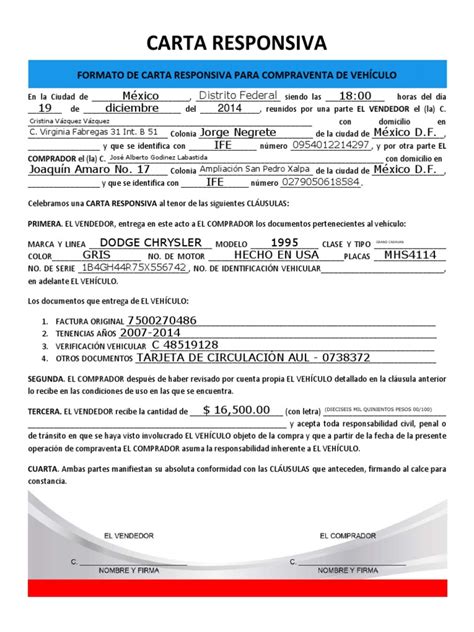 Carta Responsiva Para Venta De Auto