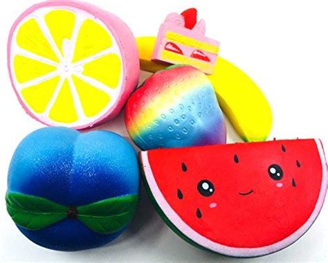 Stress Relief Slow Rising Jumbo Squishies Pack Of 5 Silly Fruits And A Bonus Cake Squishy