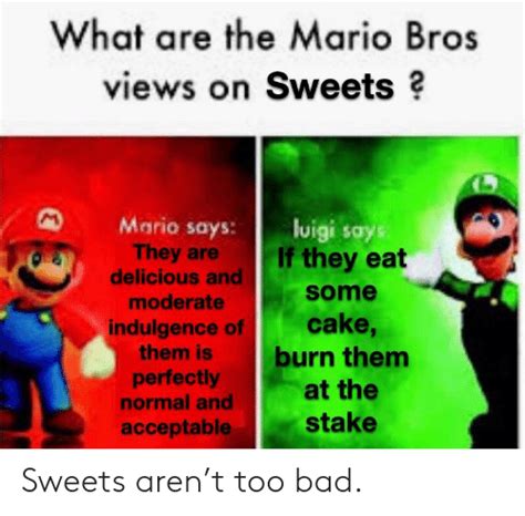 what are the mario bros views on what are the hermit's answers to the question of: What Are the Mario Bros Views on Sweets ? Mario Says Luigi ...