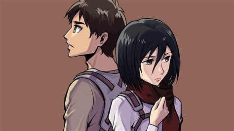 Attack On Titan Eren Yeager Mikasa Ackerman Turning Back Not Facing Each Other With Brown