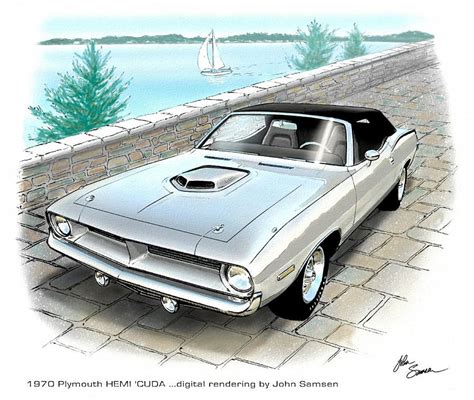1970 Hemi Cuda Plymouth Muscle Car Sketch Rendering By John Samsen