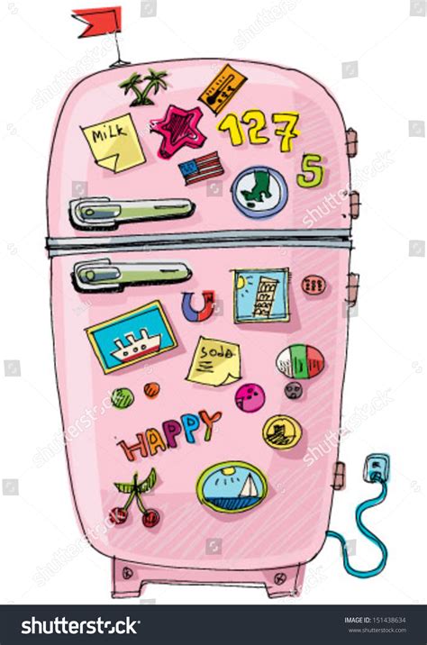 Vintage Fridge With Magnets And Sticker Cartoon Stock Vector