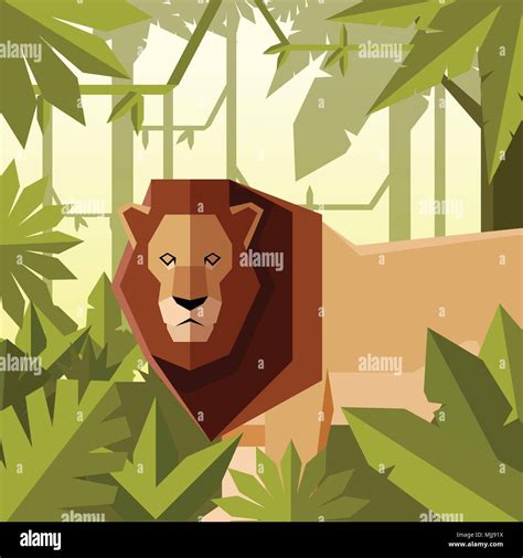 Vector Image Of The Flat Geometric Jungle Background With Lion Stock