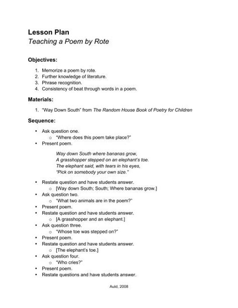 Lesson Plan Teaching A Poem By Rote