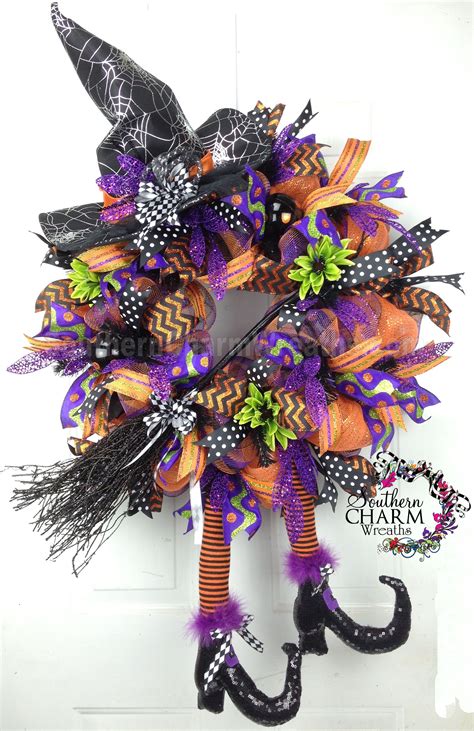 Deco Mesh Witch W Broom Halloween Wreath By Southerncharmwreaths