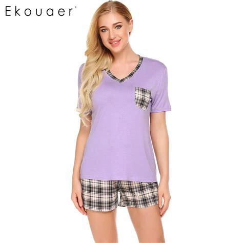 Ekouaer Pajama Set Women Cotton Short Sleepwear Suit Soft V Neck Women Sleeve Plaid T Shirt And