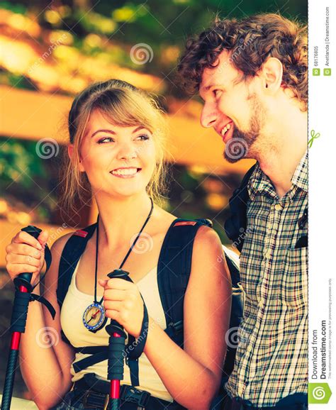 Hiking Couple Backpackers Tramping On Forest Trail Stock Image Image
