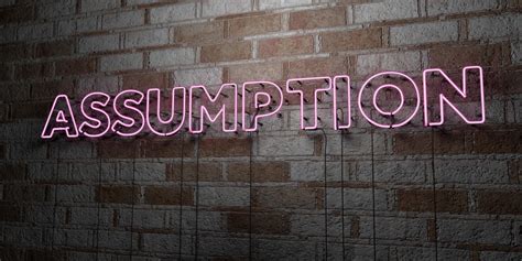 Assumption Glowing Neon Sign On Stonework Wall 3d