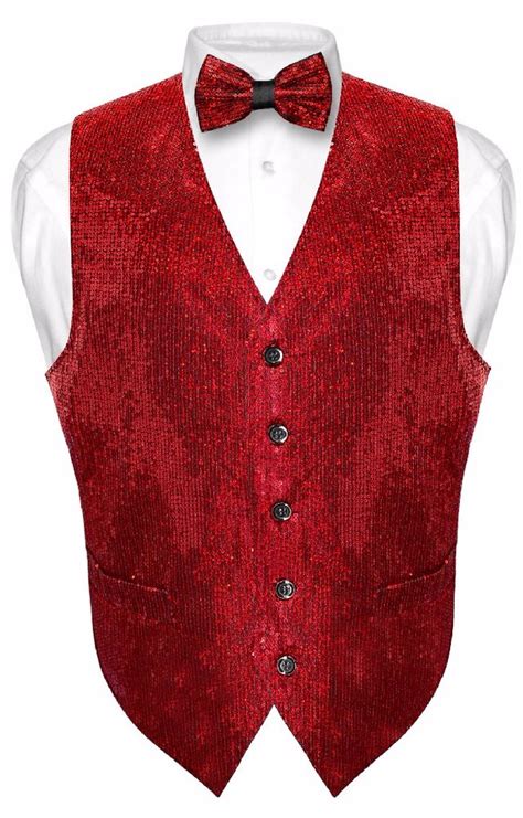 Mens Sequin Design Dress Vest And Bow Tie Red Color Bowtie Set For Suit