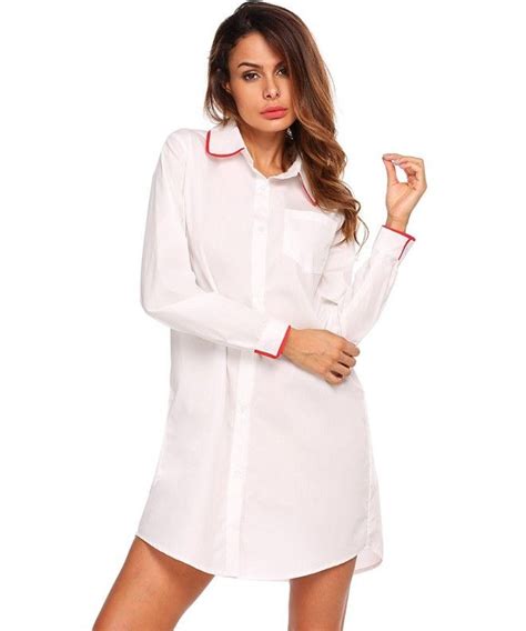Womens Boyfriend Long Sleeve Sleep Shirts Button Down Tops Cotton