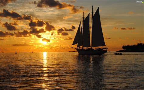 Sea Sailing Vessel Sun Clouds West For Phone Wallpapers 2560x1600