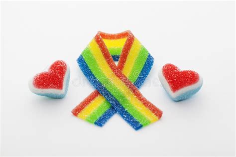 Rainbow Ribbon With Two Hearts Made Of Candy Stock Image Image Of