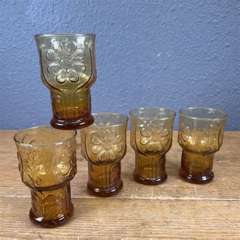 Vintage Libbey Amber Country Garden Daisy Flower 4 Tall Juice Glasses Set Of 5 24 00 Picclick
