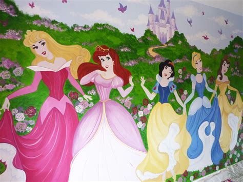 Hand Painted Wall Mural Of Disney Princesses And Castle Wall Murals