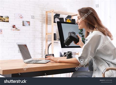 Professional Photographer Camera Working Table Office Stock Photo