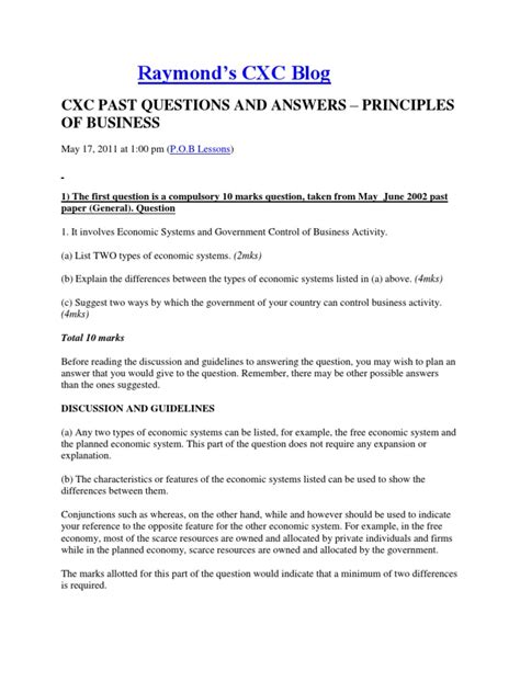 Principles Of Business Cxc Past Papers With Answers Business Walls