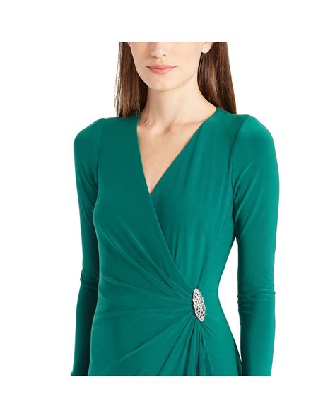 Ralph Lauren Brooch Jersey Long Sleeve Gown In Green Lyst