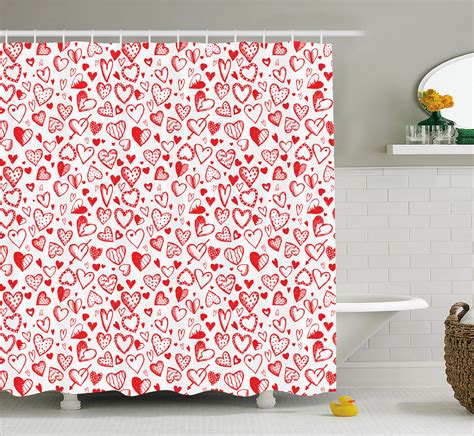 Valentines Shower Curtain Red And White Pattern With Sketchy Hearts