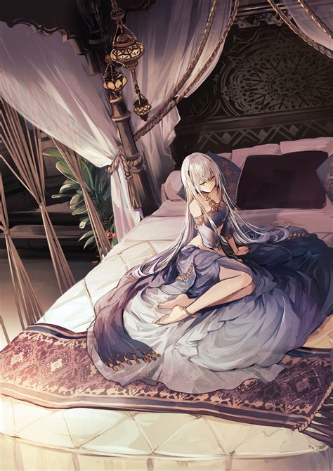 Wallpaper Illustration Long Hair Anime Girls Legs Bed Feet Gray
