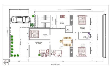 30x50 House Ground Floor Plan With Furniture Layout Drawing Cadbull