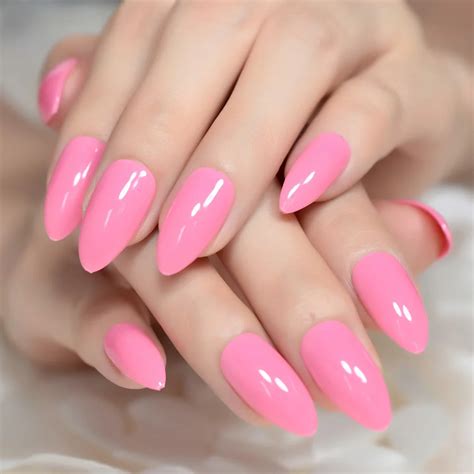 24pcs Candy False Fake Nails Sharp Almond Design Kit Medium Nail Hot Pink Simple Solid Color