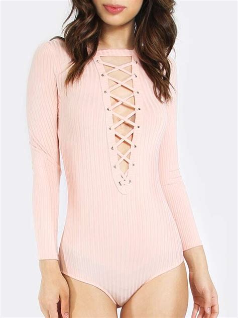 pink long sleeve lace up front bodysuit shein sheinside