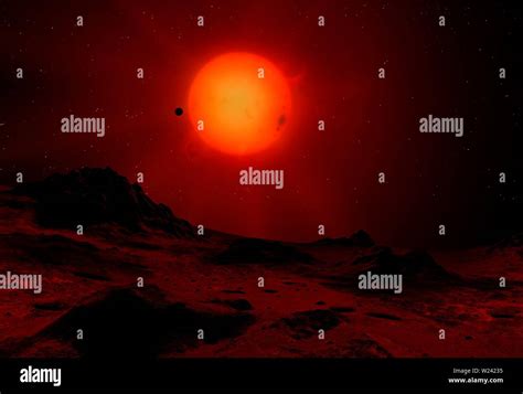 Illustration Of A Red Dwarf Star Seen From The Surface Of An Orbiting