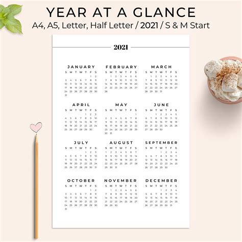 2021 Calendar Printable Year At A Glance Calendar Yearly Etsy
