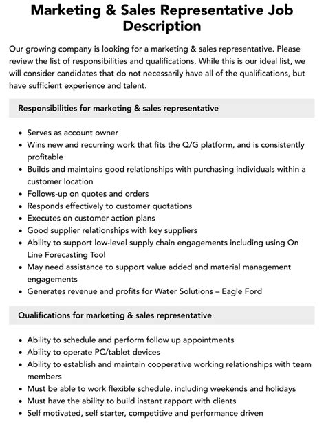 Marketing And Sales Representative Job Description Velvet Jobs