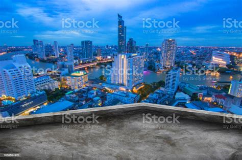 Blank Roof Top Of Building With Skyscraper Landscape Background Stock