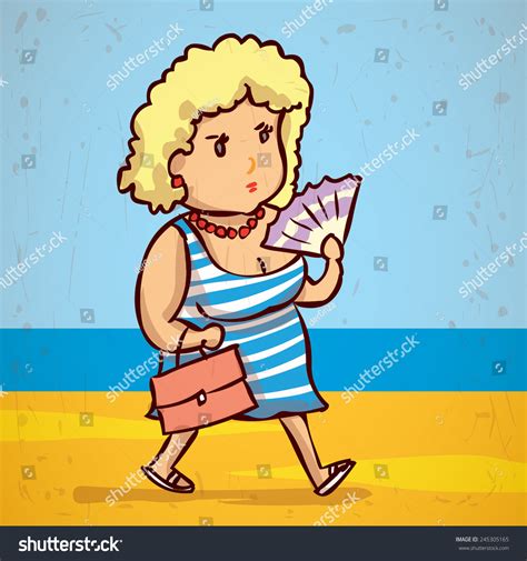 Middleaged Woman Walking On Beach Hand Stock Vector