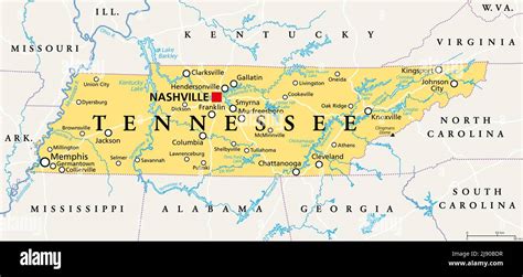 Tennessee Tn Political Map With Capital Nashville Largest Cities