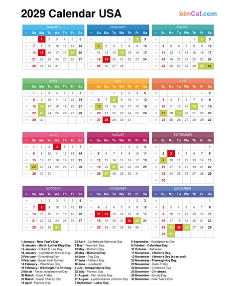 2029 Calendar Usa Bimcal