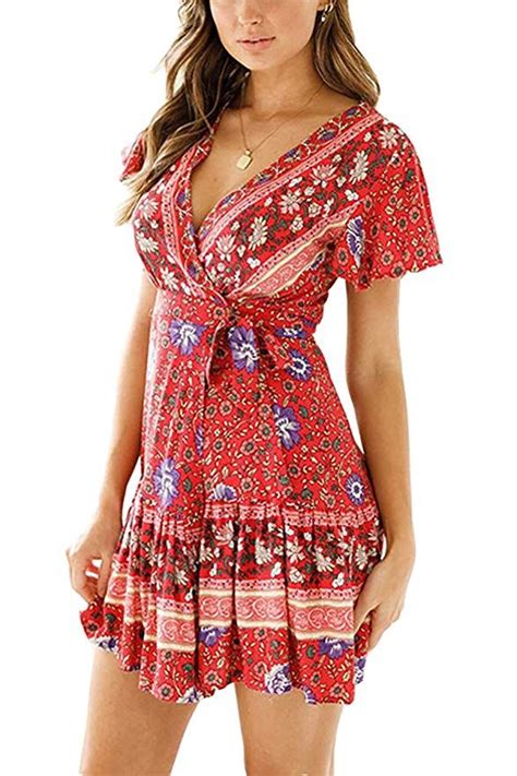 Minipeach Womens Summer Self Tie Bohemian Floral Pattern Ruffle A Line Beach Mini Maxi Dresses