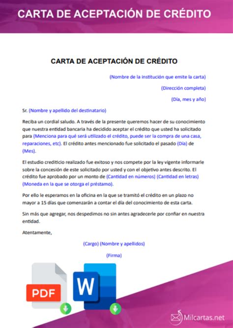 Carta De Aceptación De Crédito Para Descargar Word