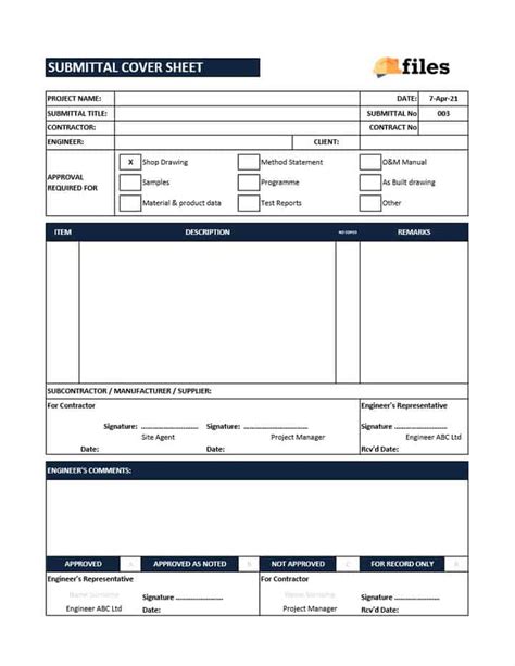 Submittal Cover Sheet Construction Documents And Templates