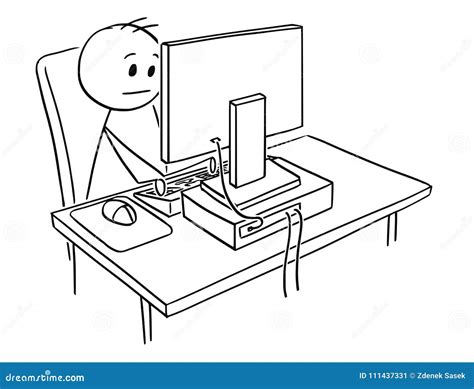 Cartoon Of Man Or Businessman Working On Desktop Computer Stock Vector