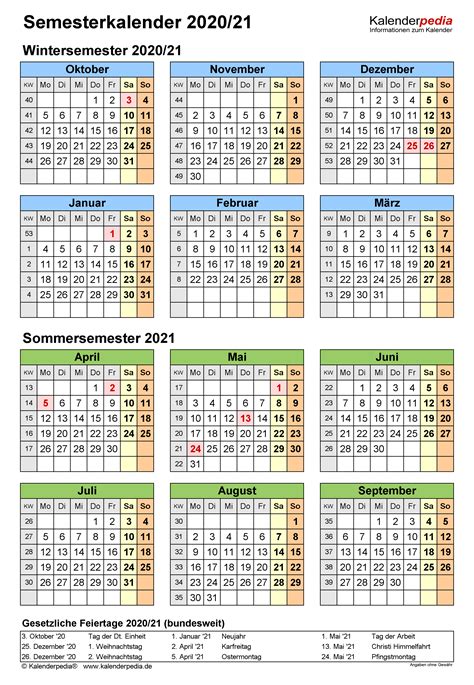 Semesterkalender 202021 Für Pdf Zum Ausdrucken