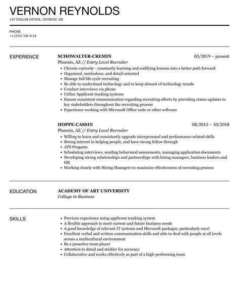 Entry Level Recruiter Resume Samples Velvet Jobs