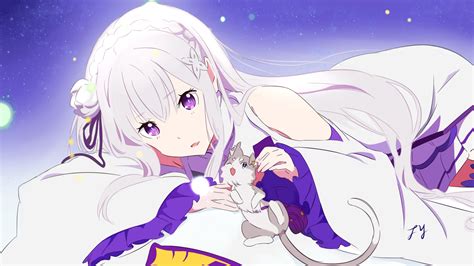 Animal Cat Dress Emilia Rezero Long Hair Puck Purple Eyes Rezero