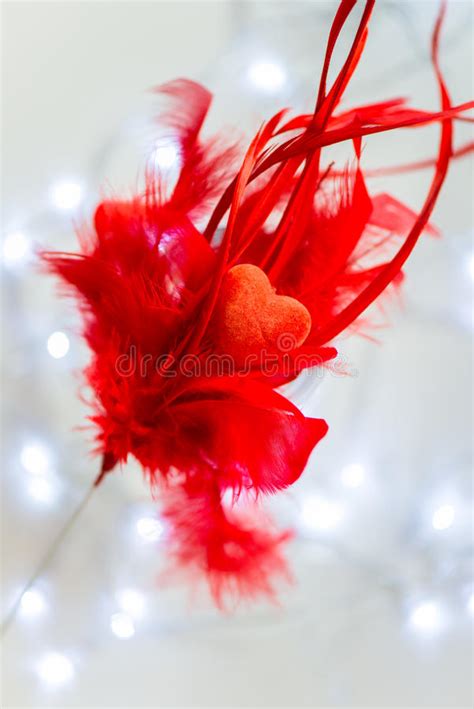 Red Heart Is Laying On Pile Of Red Feathers Stock Photo