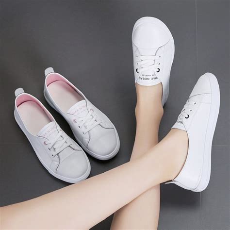 Women White Shoes Flats Sneakers Ladies Pu Leather Slip On Soft Flat